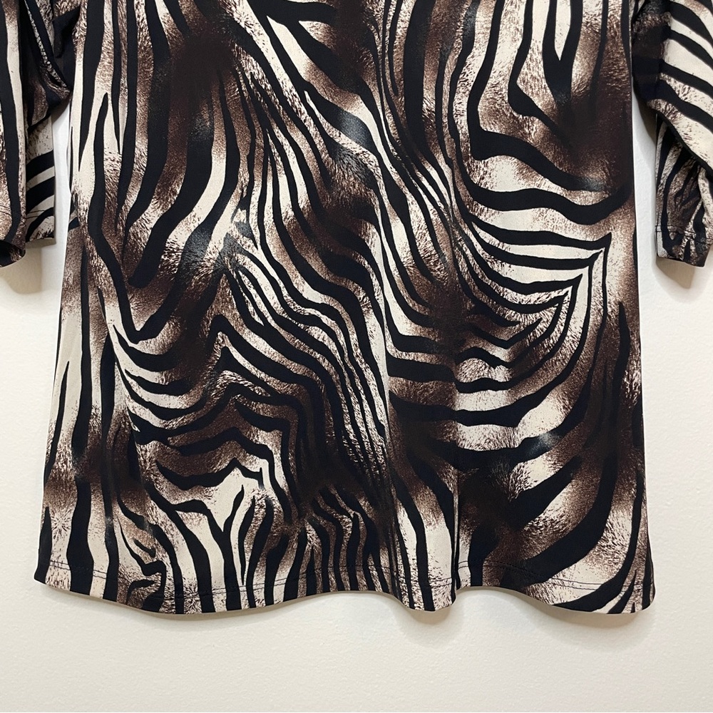 Long Sleeve V Neck 3X Brown Animal Print w/ beading Flowy Top Blouse - Picture 4 of 8